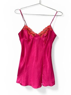 Y2K Victoria’s Secret Satin Slip Dress Hot Pink Orange Lace Mini Lingerie, Med